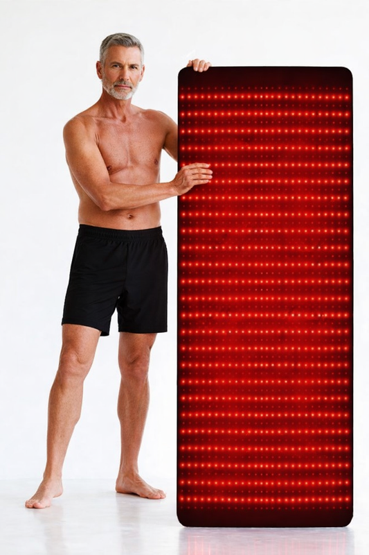 Man holding Lumi Mat™ full-body infrared light therapy mat by NanaVie on a white background