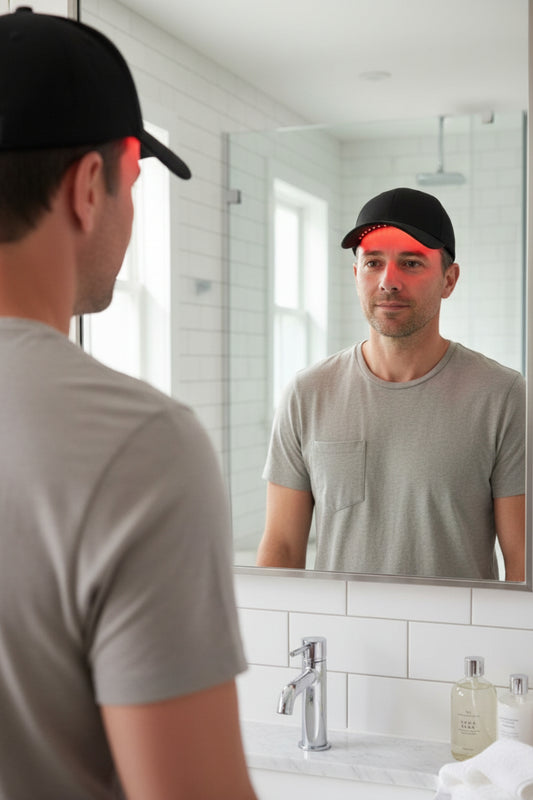 Man wearing NanaVie laser hair cap using red light therapy at home for scalp wellness.